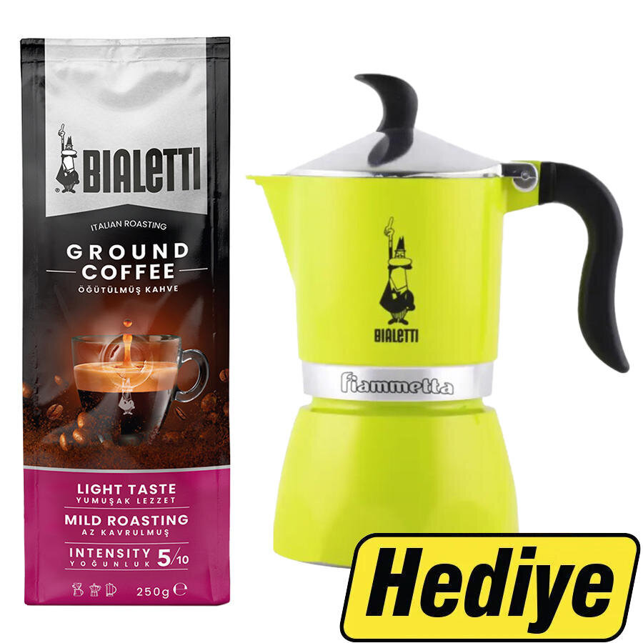 Bialetti Delicato Öğütülmüş Filtre Kahve 250 g x 6 Paket Alımında Bialetti Fiammetta Limon Yeşili 3 Cup Hediye