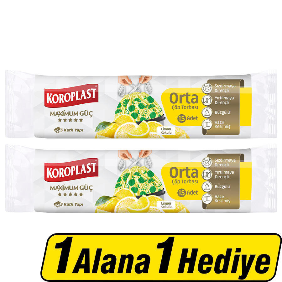 Koroplast Maximum Çöp Torbası Orta Boy 55 cm x 57 cm Limon Kokulu 15'li Paket - 1 Alana 1 Hediye