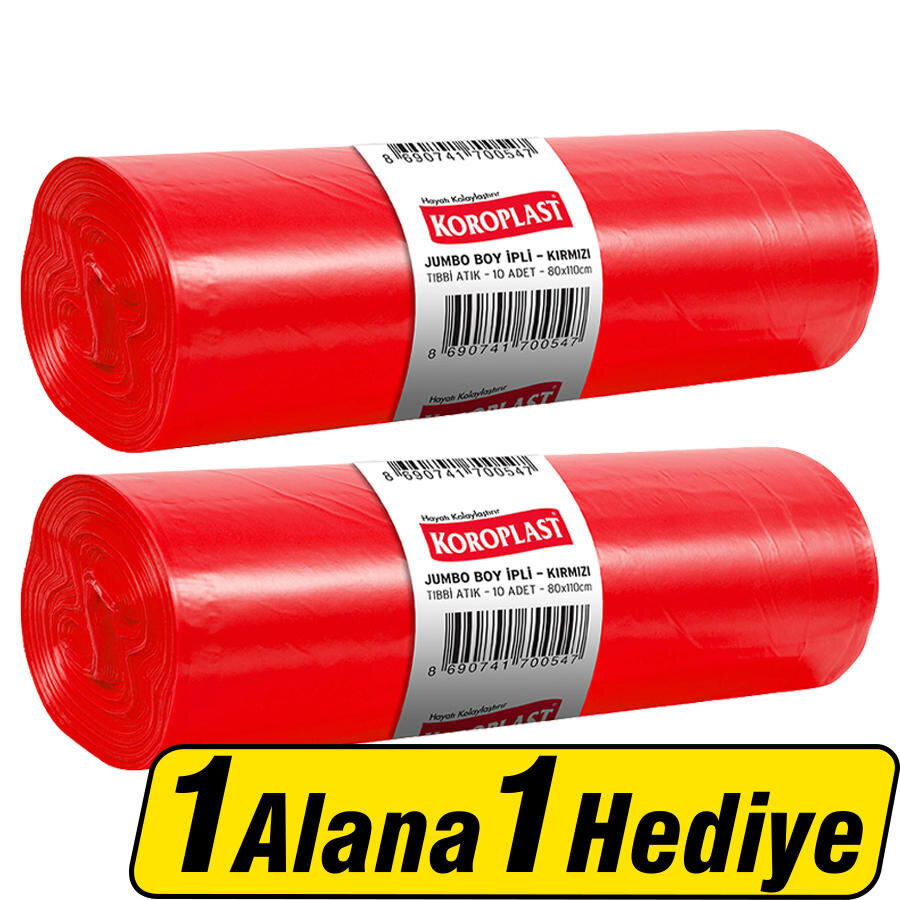 Koroplast Tıbbi Atık Çöp Poşeti Jumbo Boy 80 cm x 110 cm Kırmızı 10'lu Paket - 1 Alana 1 Hediye