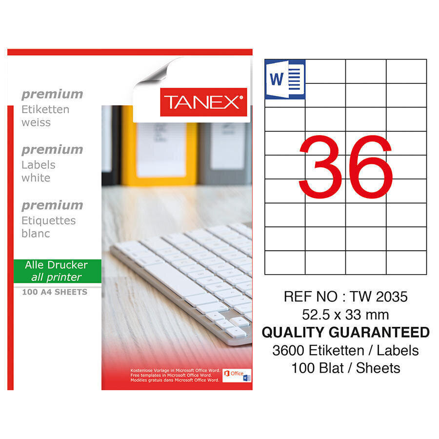 Tanex Tw-2035 Beyaz Etiket 52.5 mm x 33 mm